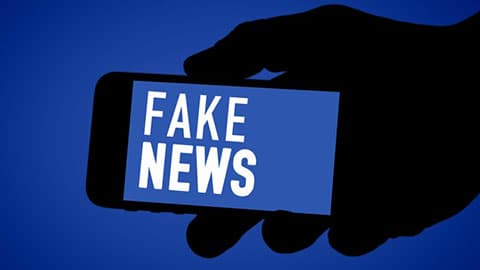A graphic of a hand holding a smartphone that says 'fake news'.