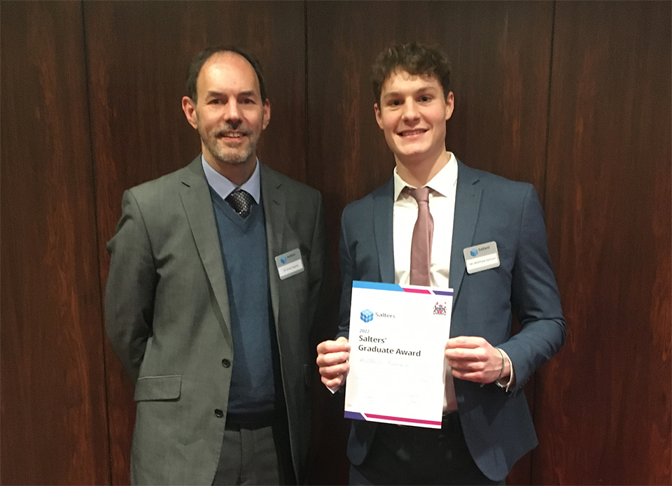 Dr Andy Stapley and Matthew Samson at the Salters' Institute Awards. Matthew is holding a certificate.