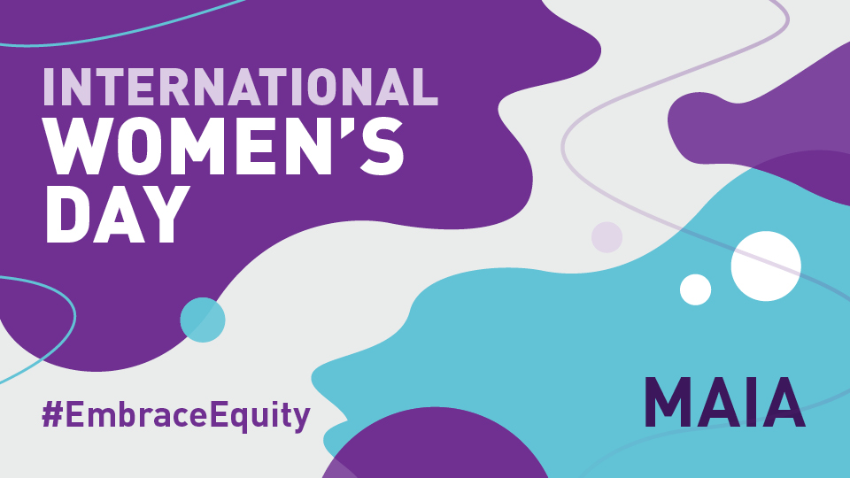 International Women's Day graphic with purple and blue shapes
