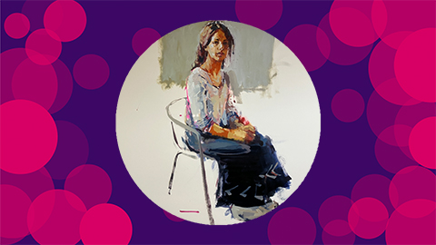A purple background with pink circles on with painting of a woman sitting in a chair in the middle of the canvas.