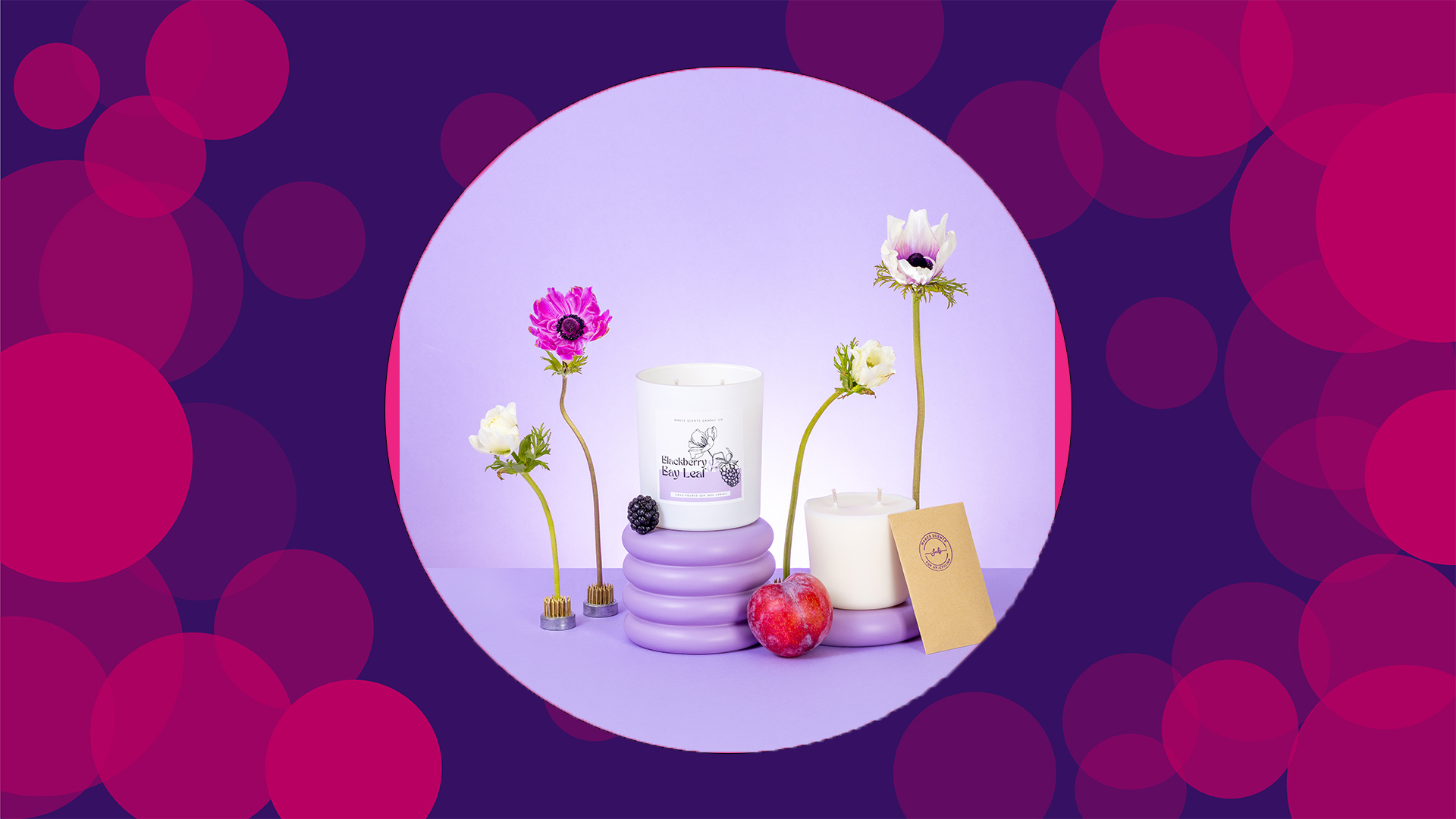 Purple background with pink circles with an image in the middle of a candle