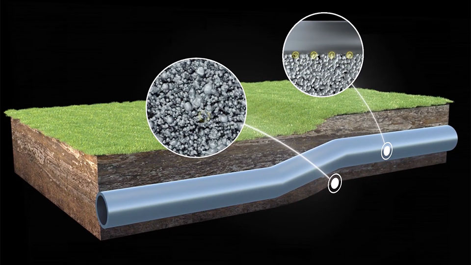 A screenshot from a video showing a cross-section of ground with a pipe running through it