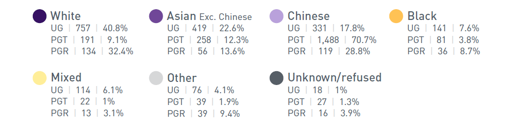 White: UG 757 | 40.8%, PGT 191 | 9.1%, PGR 134 | 32.4%
Asian (excluding Chinese): UG 419 | 22.6%, PGT 258 | 12.3%, PGR 56 | 13.6%
Chinese: UG 331 | 17.8%, PGT 1,488 | 70.7%, PGR 119 | 28.8%
Black: UG 141 | 7.6%, PGT 80 | 3.8%, PGR 36 | 8.7%
Mixed: UG 114 | 6.1%, PGT 22 | 1%, PGR 13 | 3.1%
Other: UG 76 | 4.1%, PGT 39 | 1.9%, PGR 39 | 9.4%
Unknown: UG 18 | 1%, PGT 27 | 1.3%, PGR 16 | 3.9%