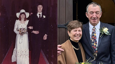 John and Diane Marchment together in two photographs. One at their wedding in 1973 and the second taken in 2023