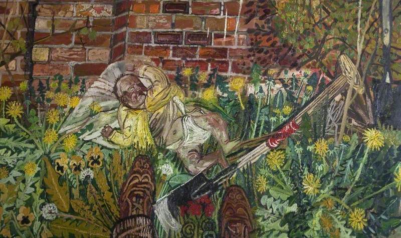 Baby Asleep in the Garden by John Bratby: semi-realist oil on board of baby sleeping in basket by garden wall