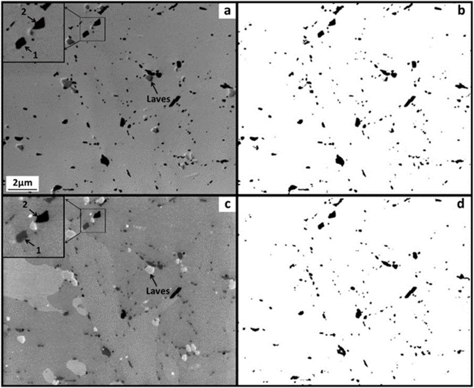 Image of 12 Cr steels with different detectors. The FIB image shows dark particles where as the SEM, USD image shows the same particles but there are noticeable differences in contrast between them