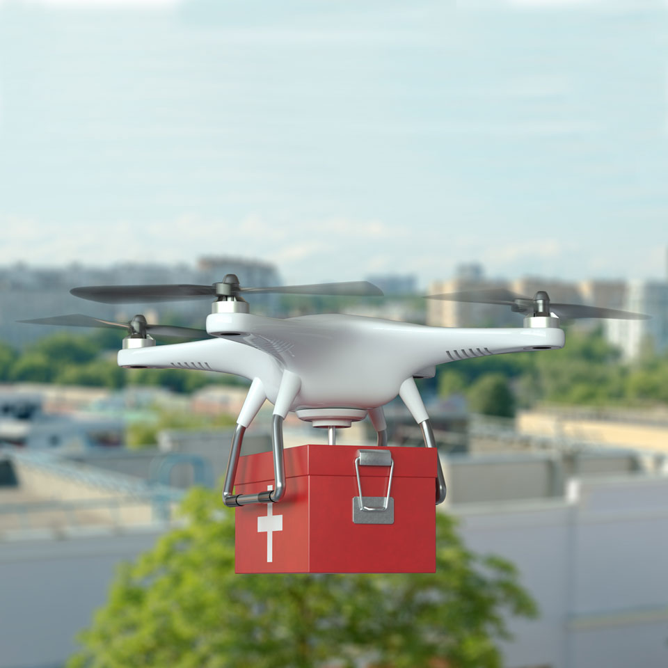 Illustration of a medi-drone in flight, delivering medical supplies