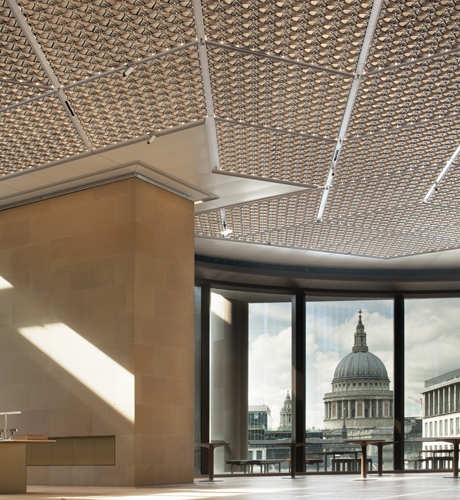 Photograph of an SAS International ceiling in a London building - St Paul's dome is visible through the window in the background