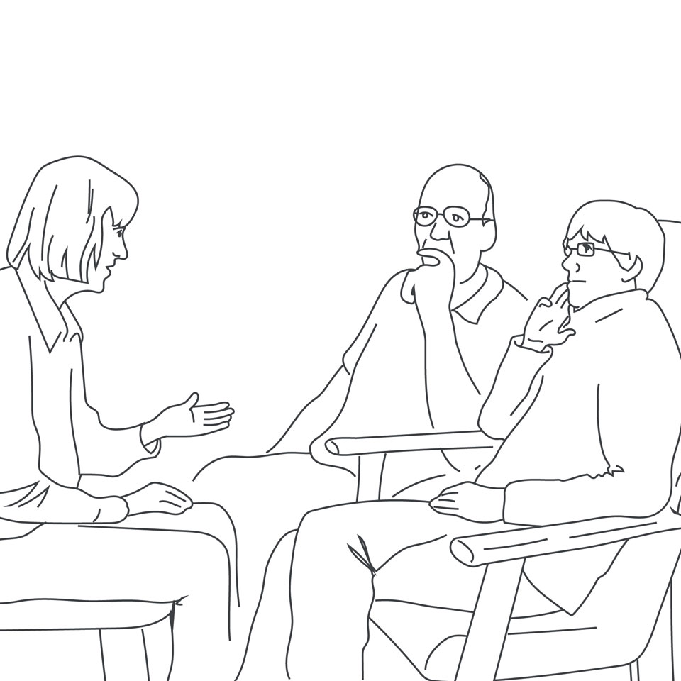 Illustration of a patient and their companion talking to a healthcare professional