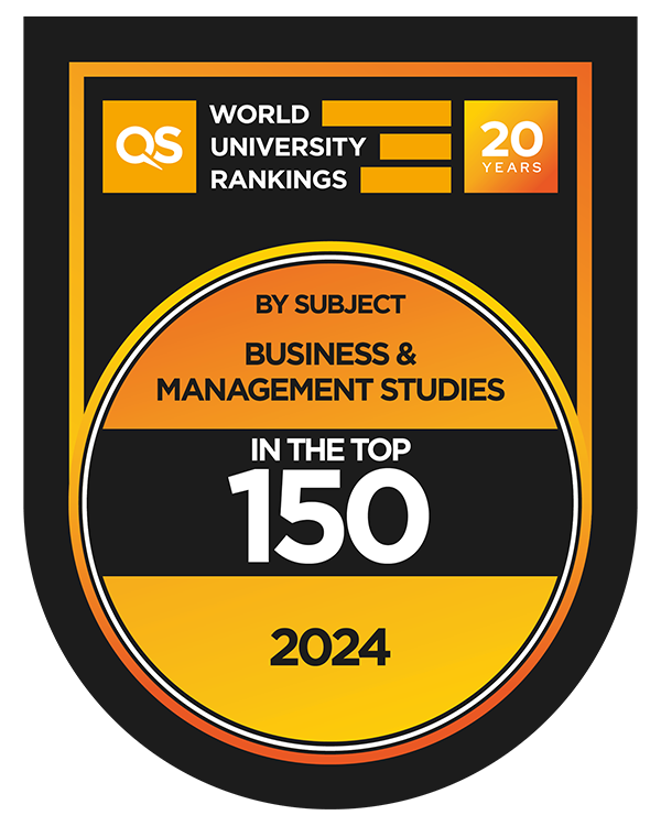 A graphic badge by QS World University Rankings by Subject 2024, showing Top 150 for Business and Management Studies.