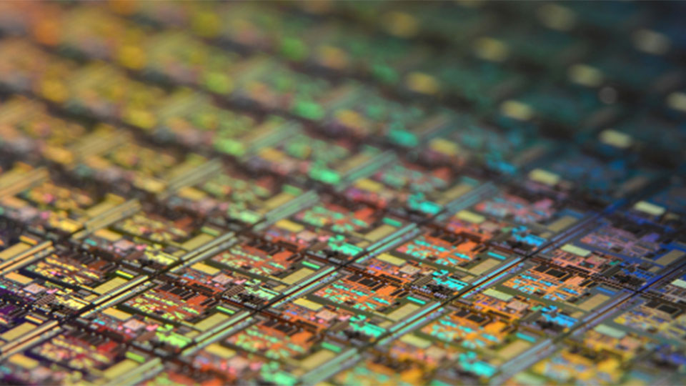 Extreme close-up of multi-coloured electronic chips