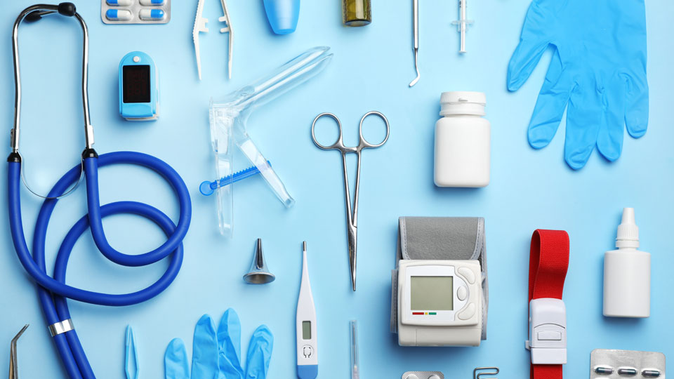 A graphic which shows several small medical devices together on a blue background.