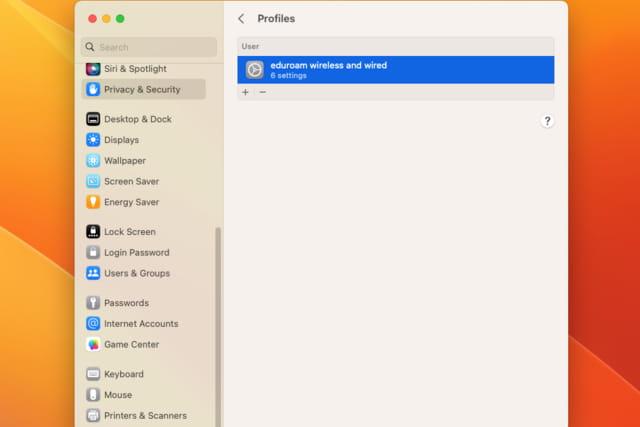 The eduroam profile sits within the Profiles menu and can be removed from here