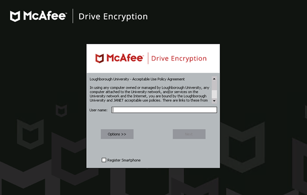 The screen shown when logging in to McAfee