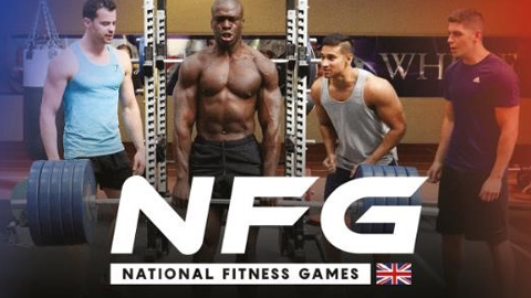 a group of people in a gym with the text, NFG, National Fitness Games. Are you the UK's fittest team
