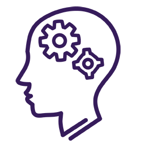 Line drawing of a head with cogs inside