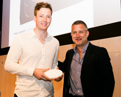 Phillip Jackson, with his award, and Richard Howarth, from Apple.
Photo credit: RSA Student Design Awards