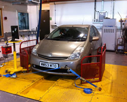 A Toyota Prius hybrid being tested on Loughborough’s chassis dynamometer