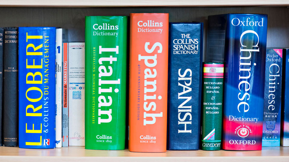 Foreign language dictionaries on a book shelf