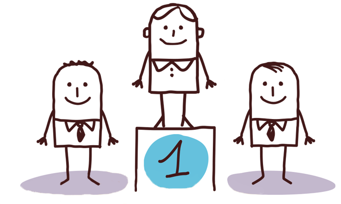 Cartoon graphic showing three smiling stick-man-style characters on a sports podium which actually has just a 1st place in the middle. Bit odd...