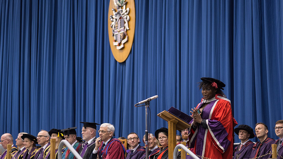 Pictured is Dr Maggie Aderin-Pocock speaking at the graduation ceremony. 