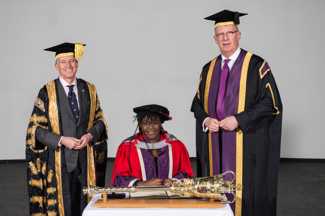 Pictured, from left to right, are Loughborough University Chancellor Lord Sebastian Coe, Dr Maggie Aderin-Pocock MBE, and Professor Robert Allison, Vice Chancellor of Loughborough University.