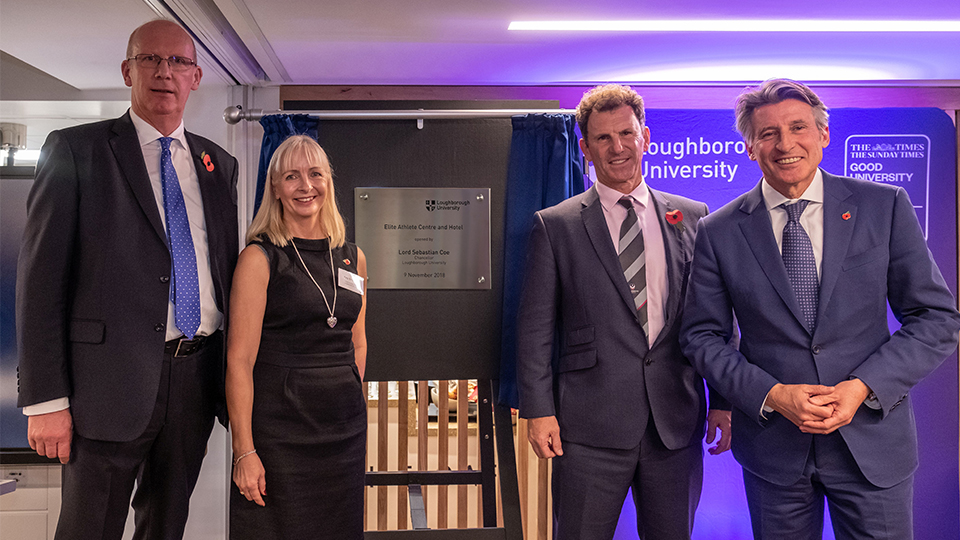Photo of Robert Allison, Kay England, John Steele and Seb Coe at launch of Elite Athlete Centre and Hotel