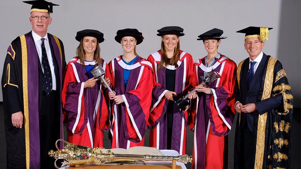 Dr Hannah MacLeod, Madeleine Hinch, Nicola White and Giselle Ansley collected Honorary degrees from Loughborough University during the winter graduation ceremonies. 