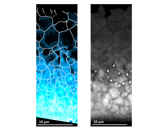 (Left) map of the selenium distribution in the solar cell material. The brighter turquoise/white regions are where there are higher concentrations of selenium. 
(Right) This is a corresponding map of the luminescence emitted from the material. It can clearly be seen that there is brighter luminescence where there is more selenium. 
