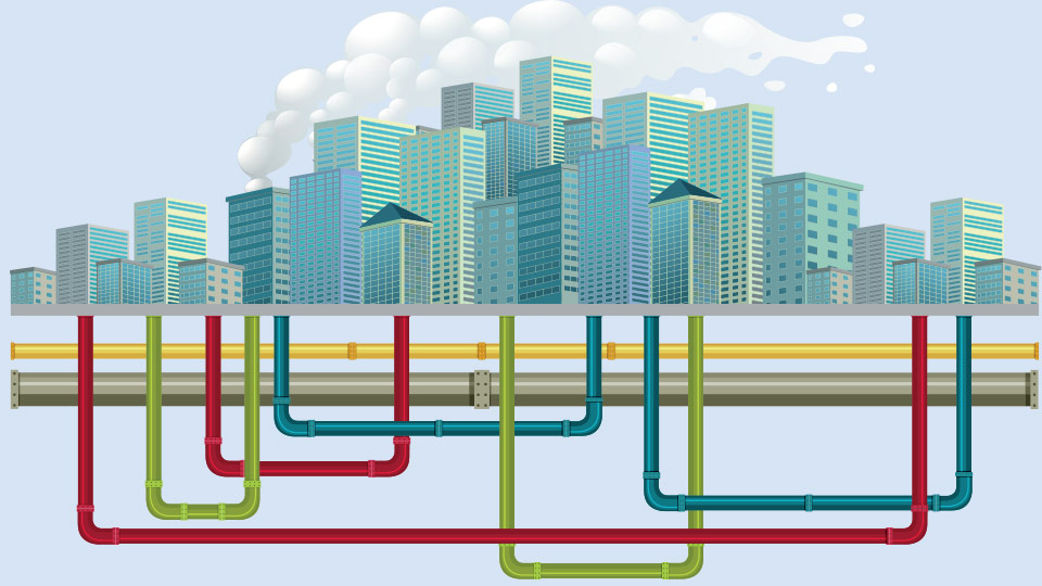 Illustration of pipes under a city. 