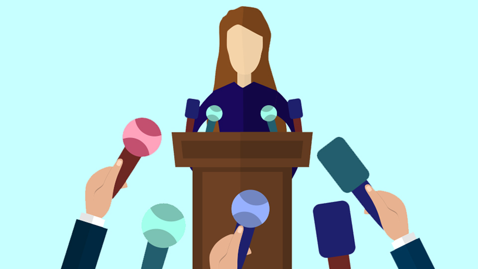 A vector of a woman at a podium with media in front of her