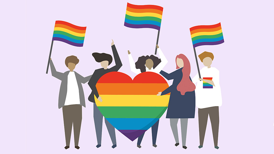 An illustration of people holding the rainbow flag. 