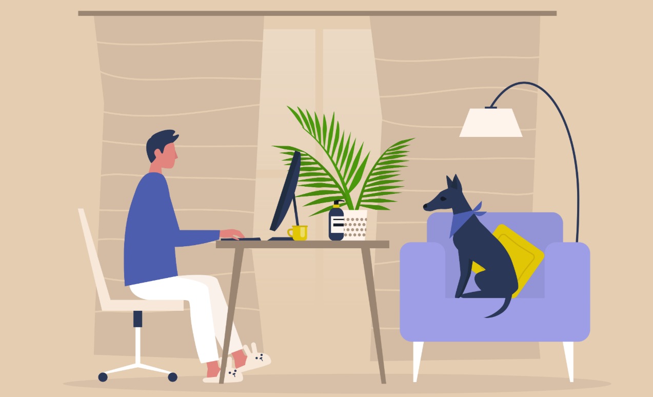 Illustration of a man working from home with his dog