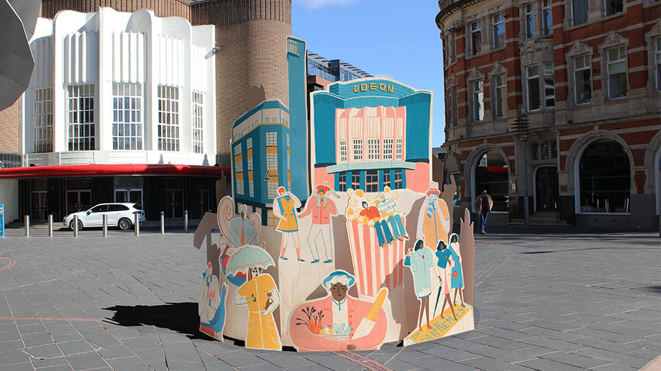 Designed to be the centrepiece of the trail, this structure portrays various stories about the local area. For example, on the right of the structure The Supremes arrive to perform at The Odeon.