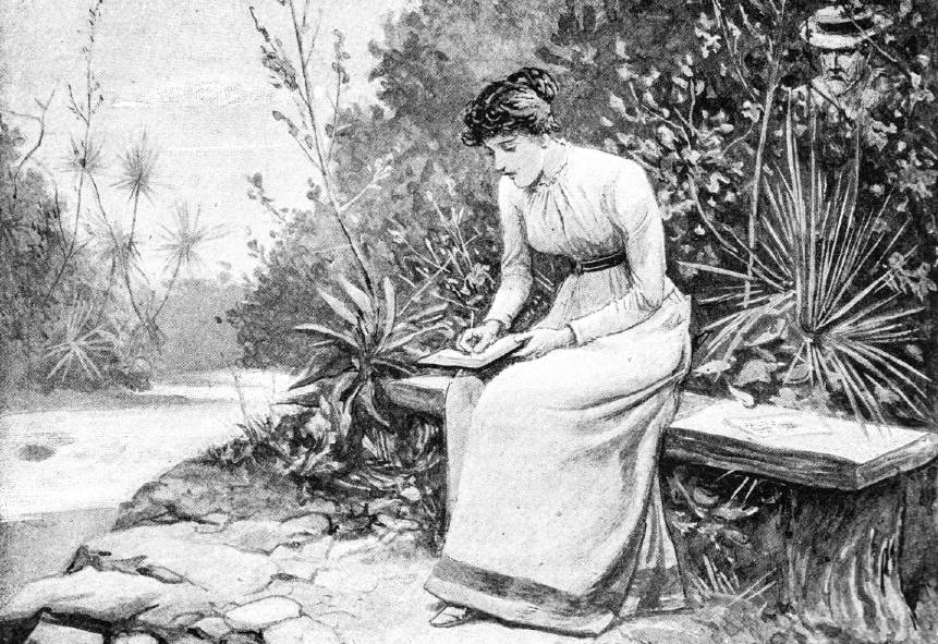 An old illustration of a woman writing. 