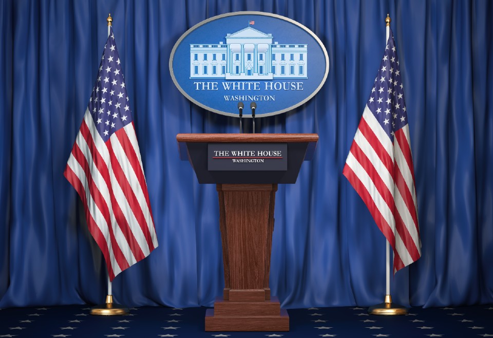 Presidential podium in the White House. 