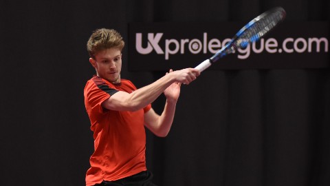 Tennis player George Houghton in action at the UK Pro League tennis tournament. 