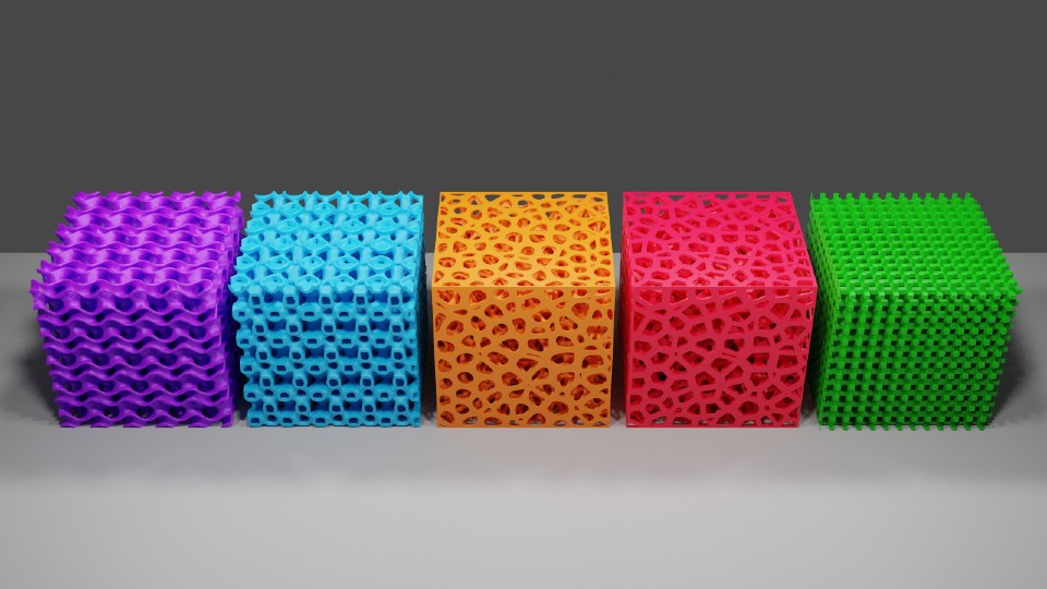 Different designs used in the study, comprising 2 TPMS-type structures (1st and 2st from the left), 2 Trabecular-like and the typical Lattice currently used in Scaffolds (3rd and 4th from the left), used as a control (far right)