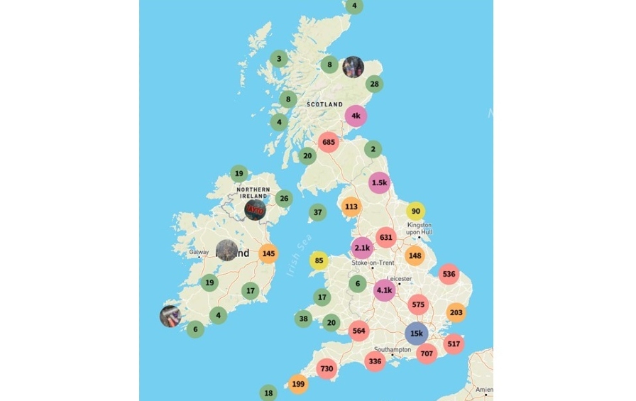 This study looked at 43,187 items of litter logged on the Planet Patrol app; the map shows the number of logs for different locations across the UK. 