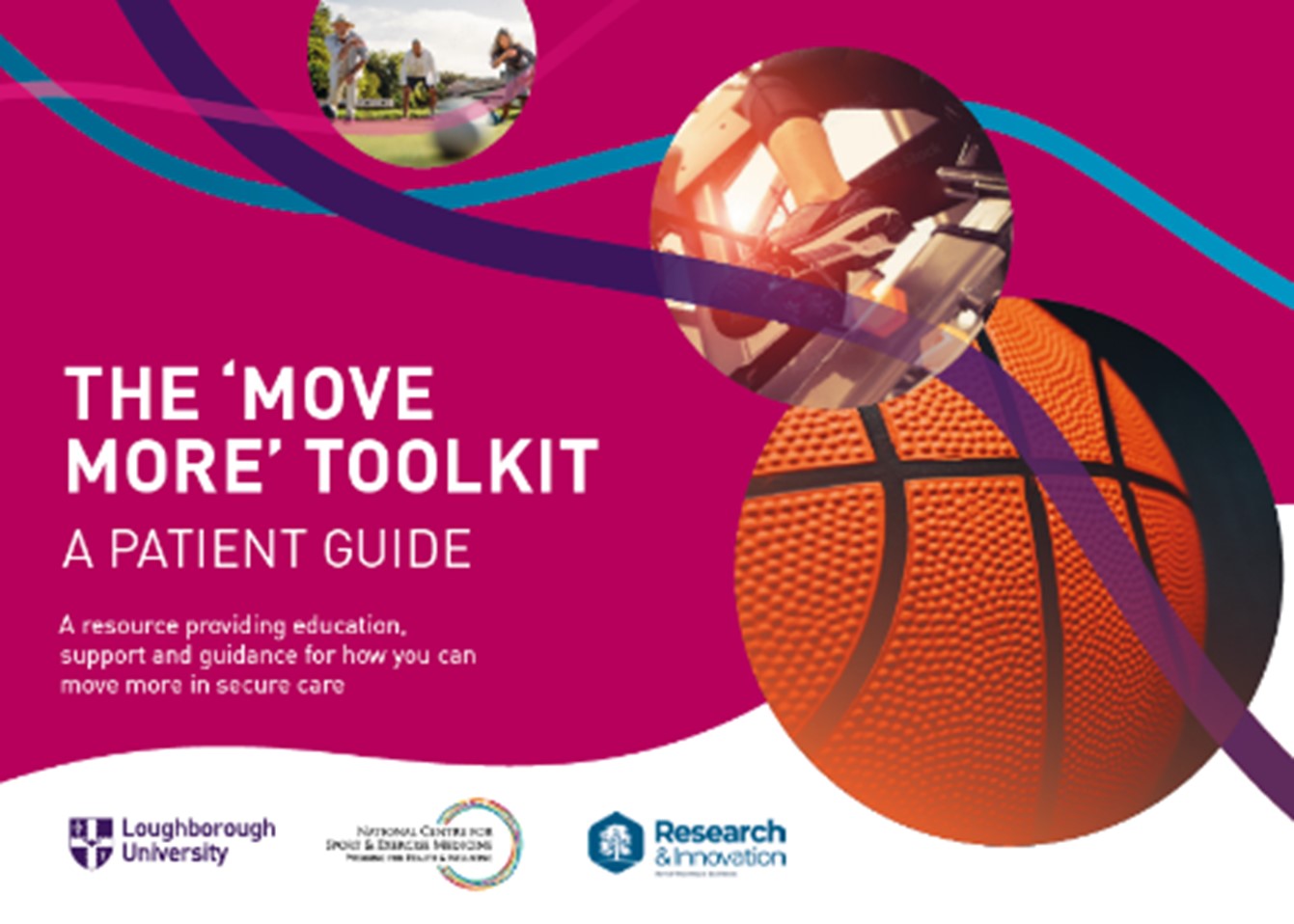 The front cover of the Move More toolkit (for patients). It is pink with an image of a basketball on it and the words 