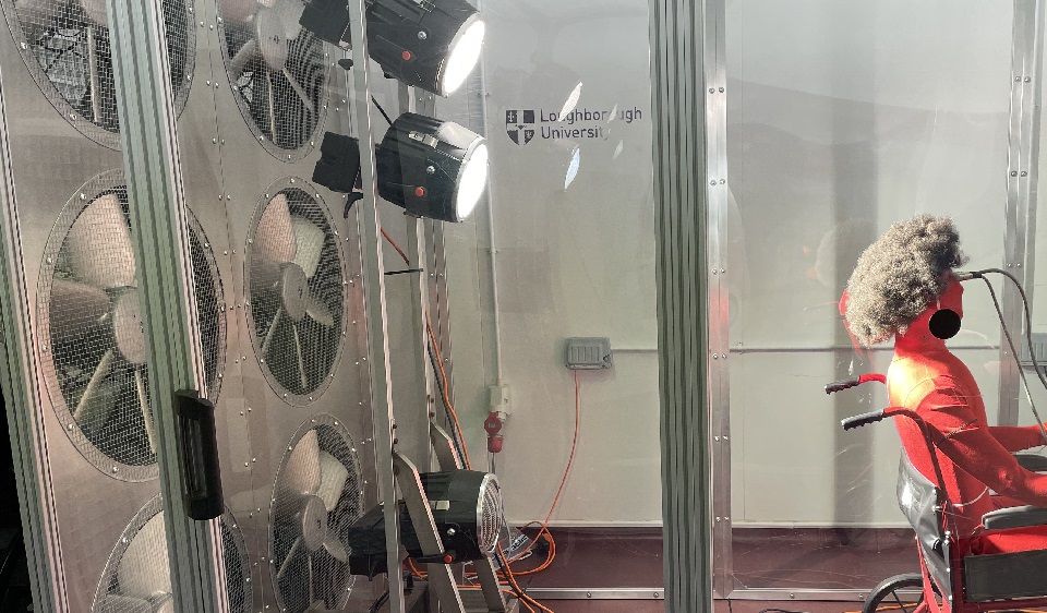 An image of a heat mannequin inside a temperature controlled chamber