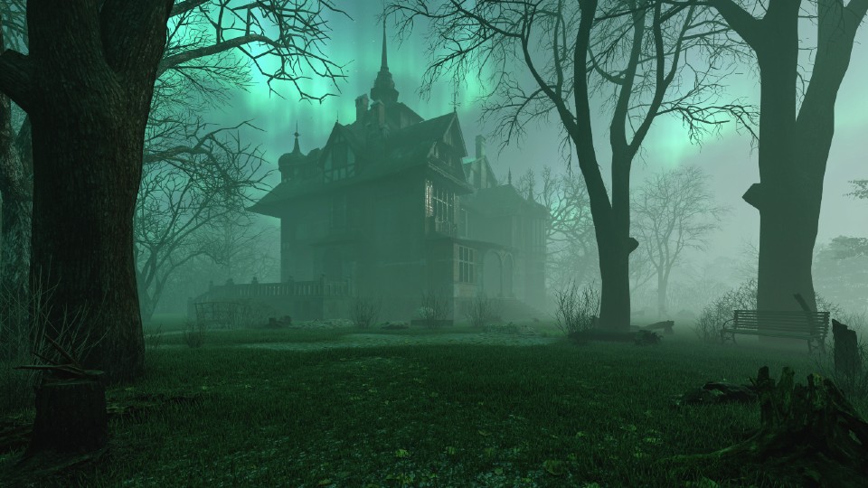 Haunted house in the woods with fog surrounding it 