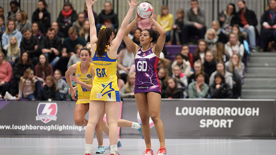 photo of Loughborough Lightning playing against another team on the court. 