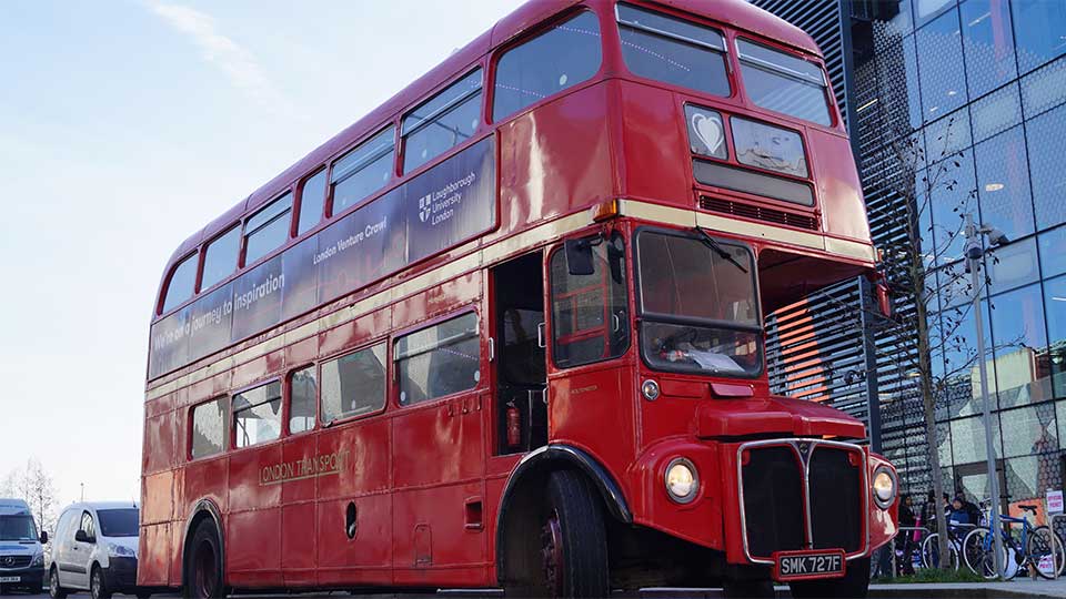 Pictured is the Loughborough University London bus that took part in London Venture Crawl 2018. 