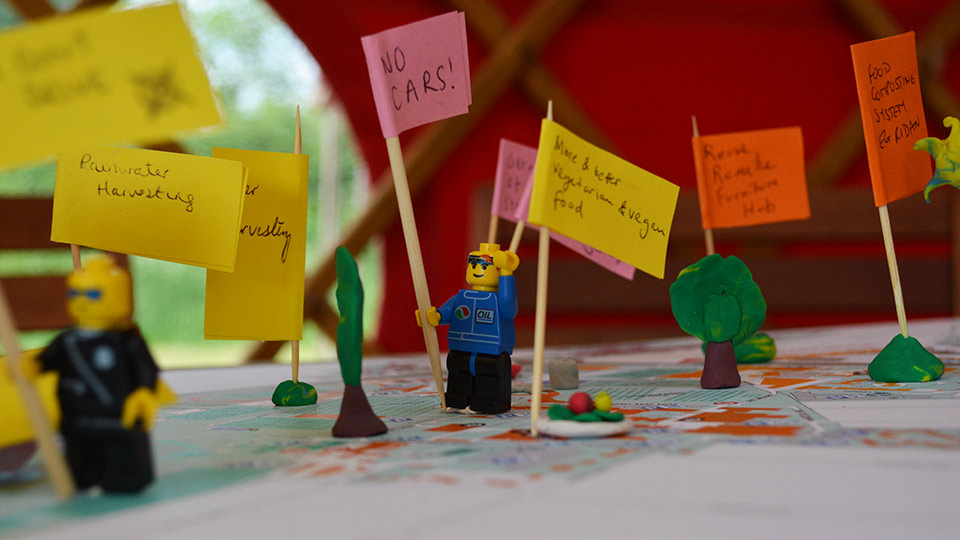 Pictured are people's ideas for a more sustainable planet written on post-it notes. 