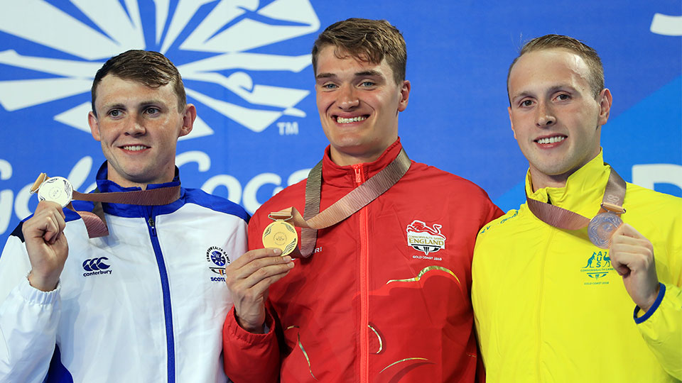 Swimmer James Wilby winning gold for the 200m breaststroke at the 2018 Commonwealth Games