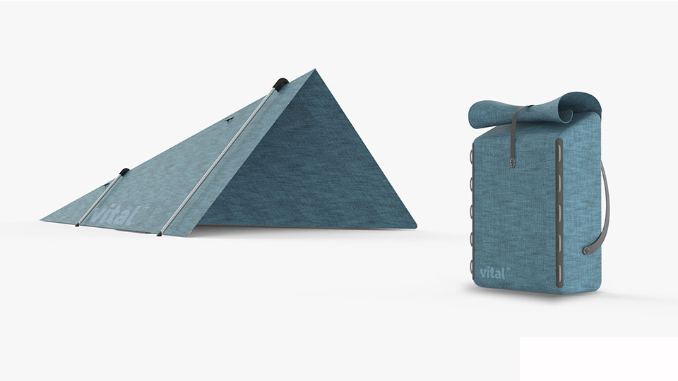 Pictured is Miles’ multipurpose packaging that is designed to be used as a comfortable backpack and as a temporary shelter which can hold up to two people (an adult and child).