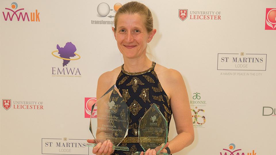 photo of Pro VC Professor Rachel Thomson with two EMWA 2018 awards