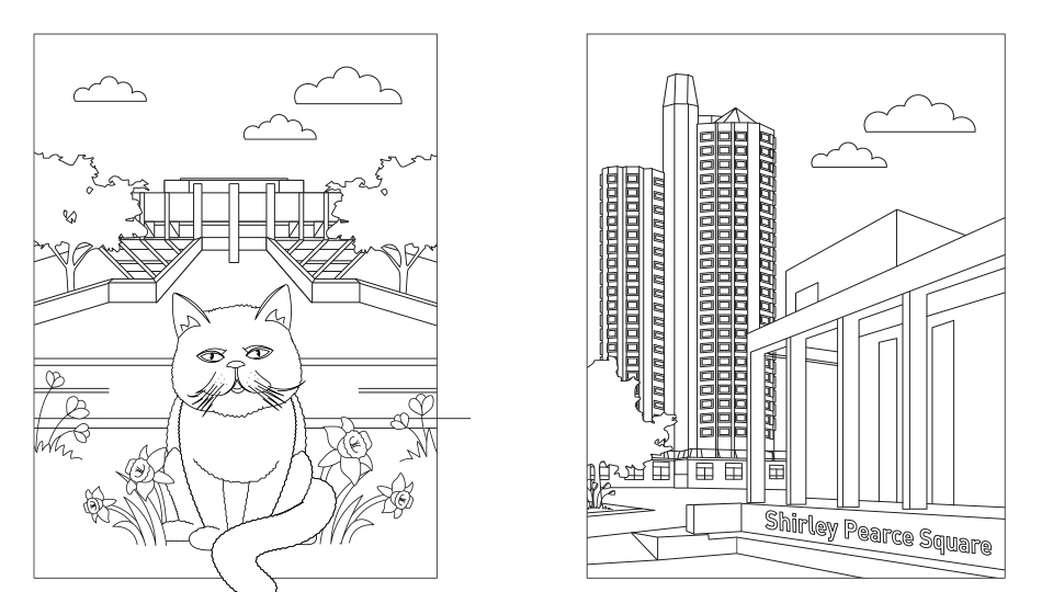Examples of the colouring sheets (Charlie the cat and Towers)