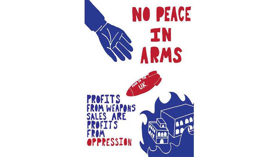 Kelsey's blue, red and white poster with the words 'No peace in arms' in bold